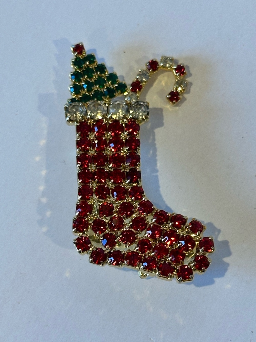 Vintage Rhinestones Christmas Holiday Stocking Brooch All Prong Set Colorful Pin